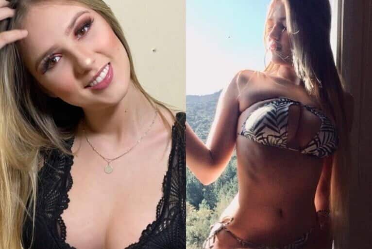 Montagem com duas fotos da gatinha da cracolândia; à esquerda ela sorri e alisa o cabelo; à direita, de biquine, posa para foto sentada em uma janela com vegetação verde ao fundo e olhando para o lado direito