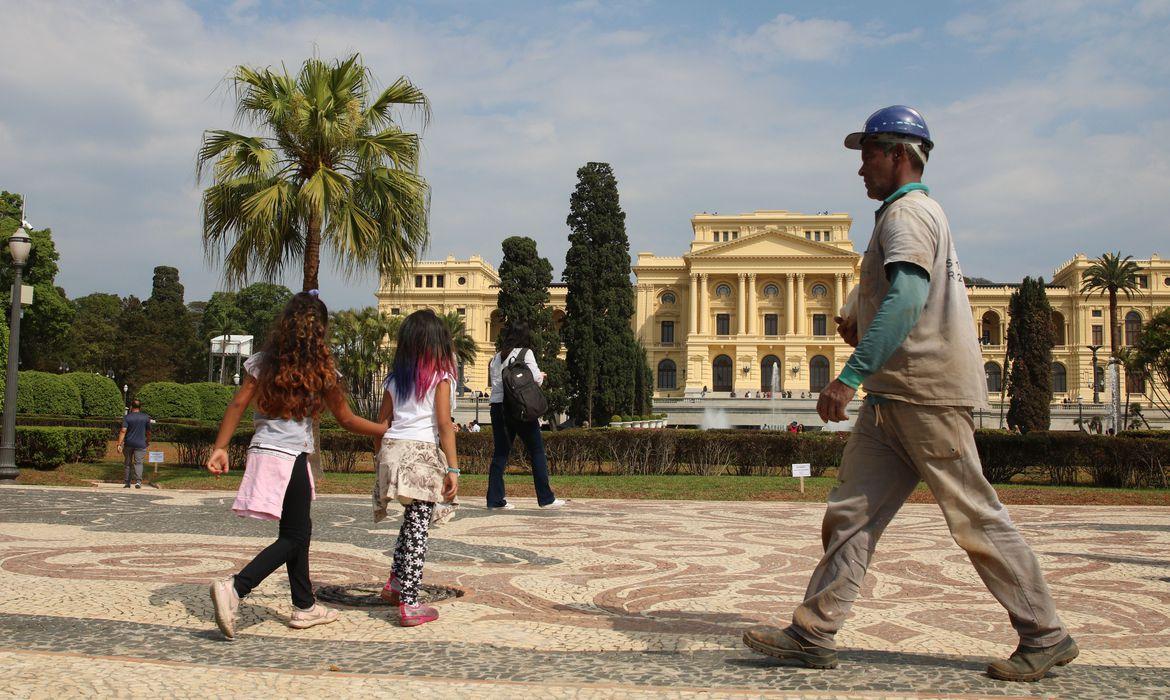 Fachada do Museu do Ipiranga ao fundo. Pessoas caminham na praça em frente, onde há coqueiros e pinheiros.