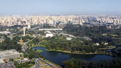 Visão aérea do Parque do Ibirapuera, em São Paulo. Imagem traz a lagoa em primeiro plano, com e prédios ao fundo compondo a paisagem