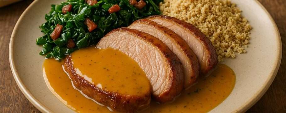 Picanha suína ao molho de laranja com farofa de couve e bacon: receita prática e saborosa