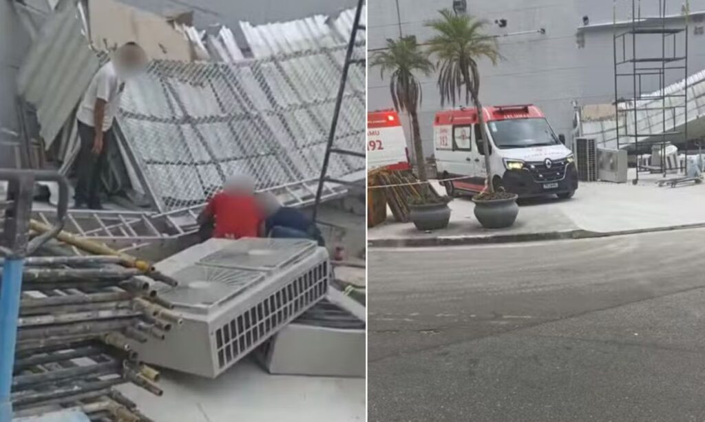 Dois trabalhadores ficam feridos após queda de telhado de shopping, em Praia Grande