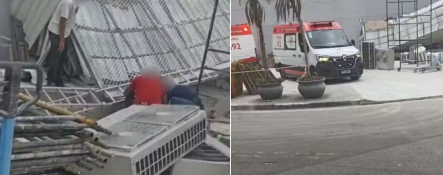 Dois trabalhadores ficam feridos após queda de telhado de shopping, em Praia Grande