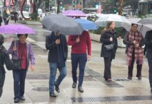 Pedestres usam agasalhos em dia nublado na cidade de São Paulo