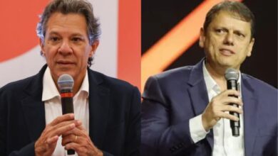 Tarcísio de Freitas e Fernando Haddad aparecem lado a lado em montagem sobre pesquisa eleitoral em São Paulo