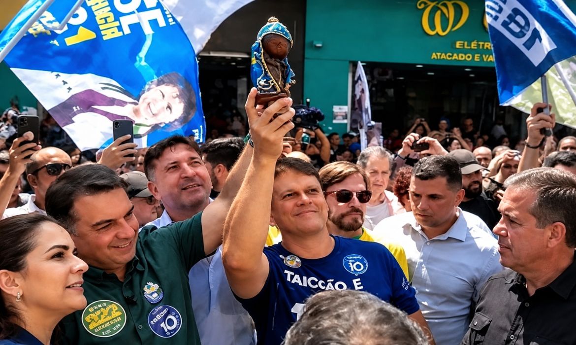 Flávio e Tarcísio erguem imagem de Nossa Senhora em ato em SP